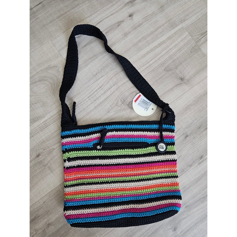 The Sak Casual Classics Crochet Shoulder Bag Multi Color Striped Knit Purse NEW